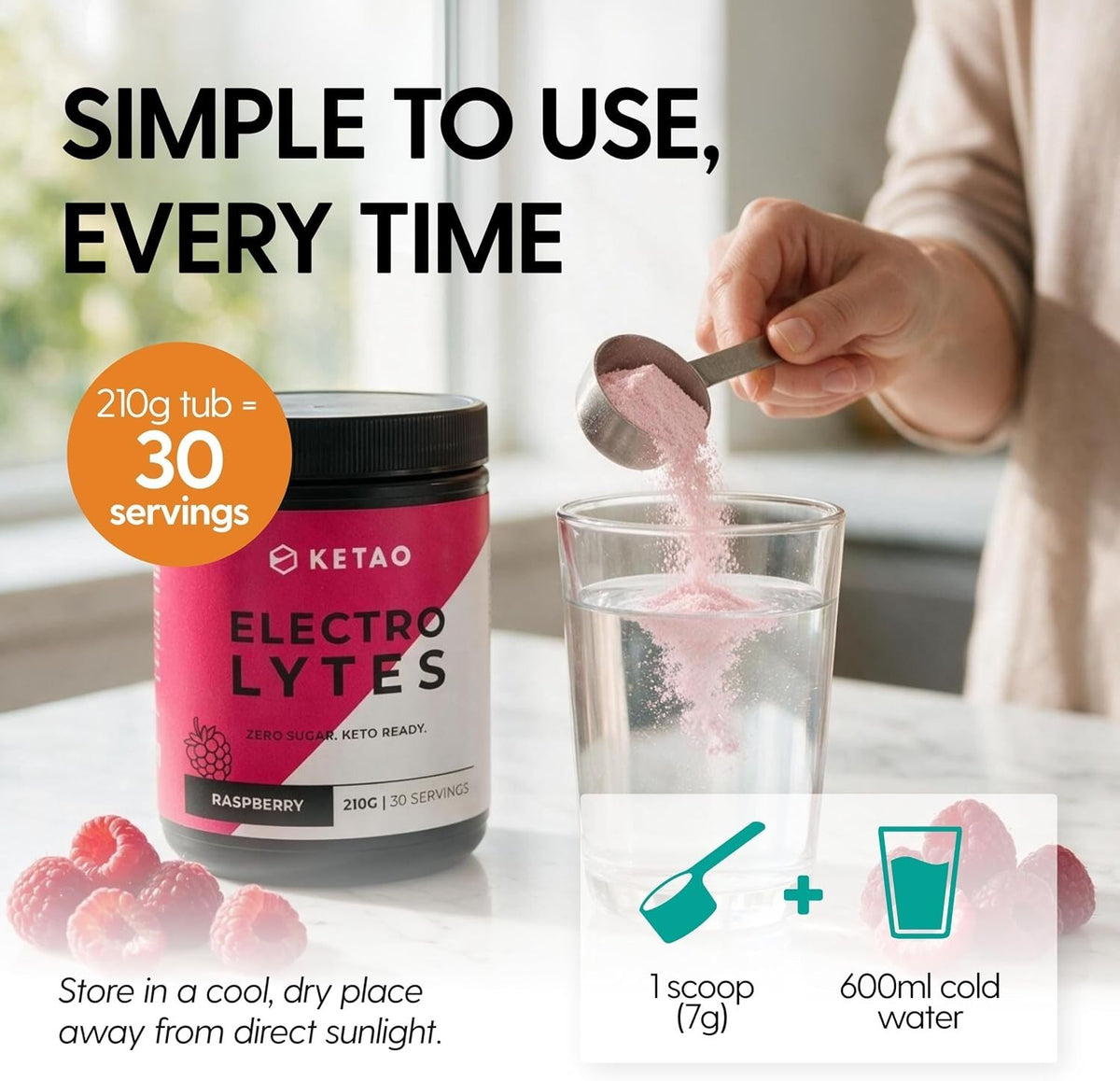 Electro Lytes Raspberry 210g 30 Servings Zero Sugar Keto Hydration - Ketao