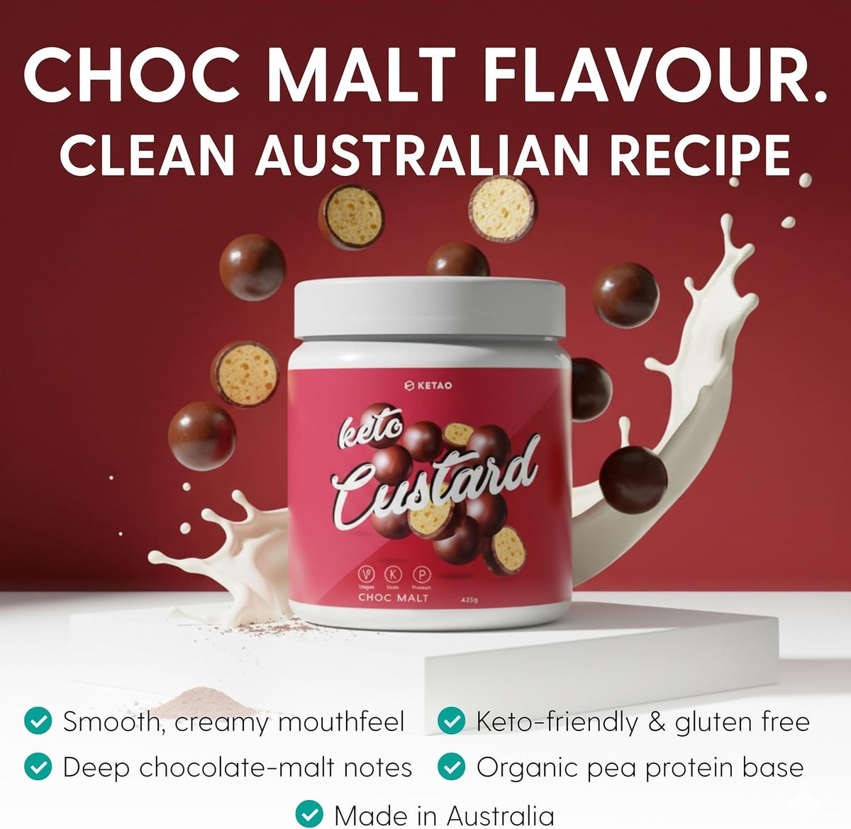 Keto Custard Choc Malt 425g Vegan Pea Protein Low Carb Keto Dessert - Ketao