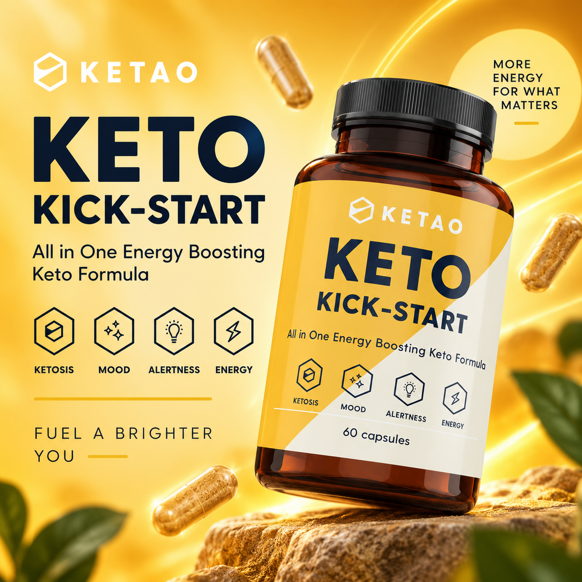 Keto Kick-Start 60 Capsules BHB Keto Supplement Caffeine TeaCrine - Ketao