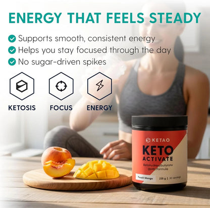 2 Pack KETAO Activate BHB Powder Peach Mango Energy Focus Prebiotic VEGAN 225g