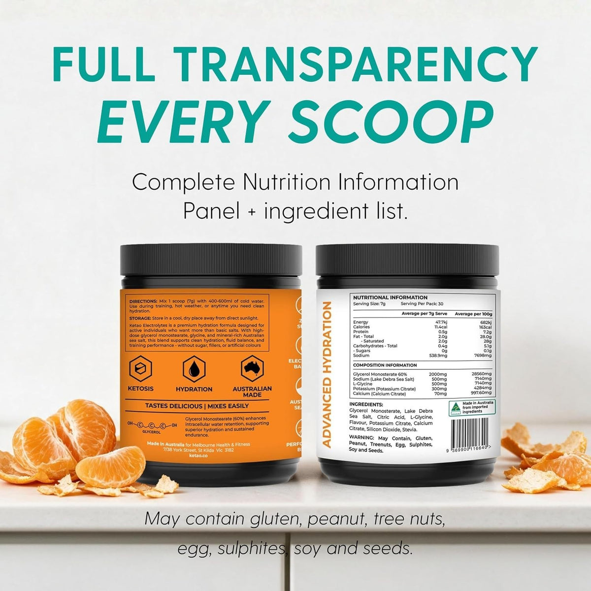 Electrolytes Mandarin Hydration Powder Zero Sugar 210g 30 Servings - Ketao