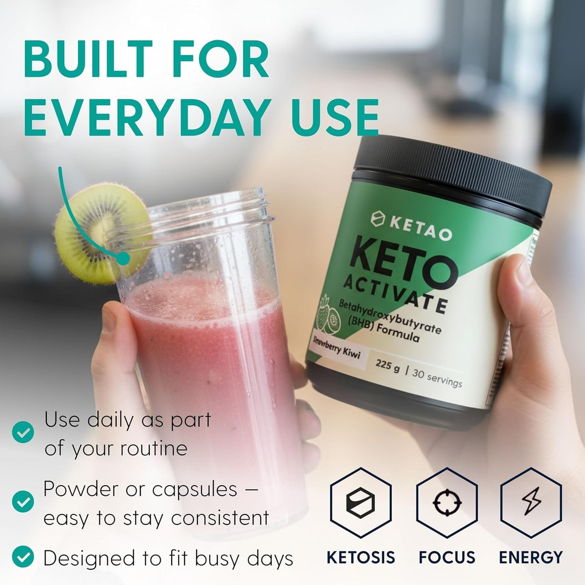 Keto Activate BHB Ketones Powder Strawberry & Kiwi 225g 30 Servings - Ketao