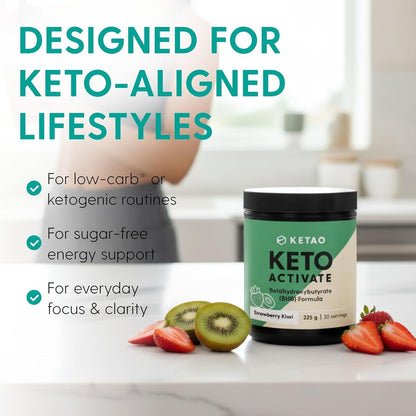 Keto Activate BHB Ketones Powder Strawberry & Kiwi 225g 30 Servings - Ketao