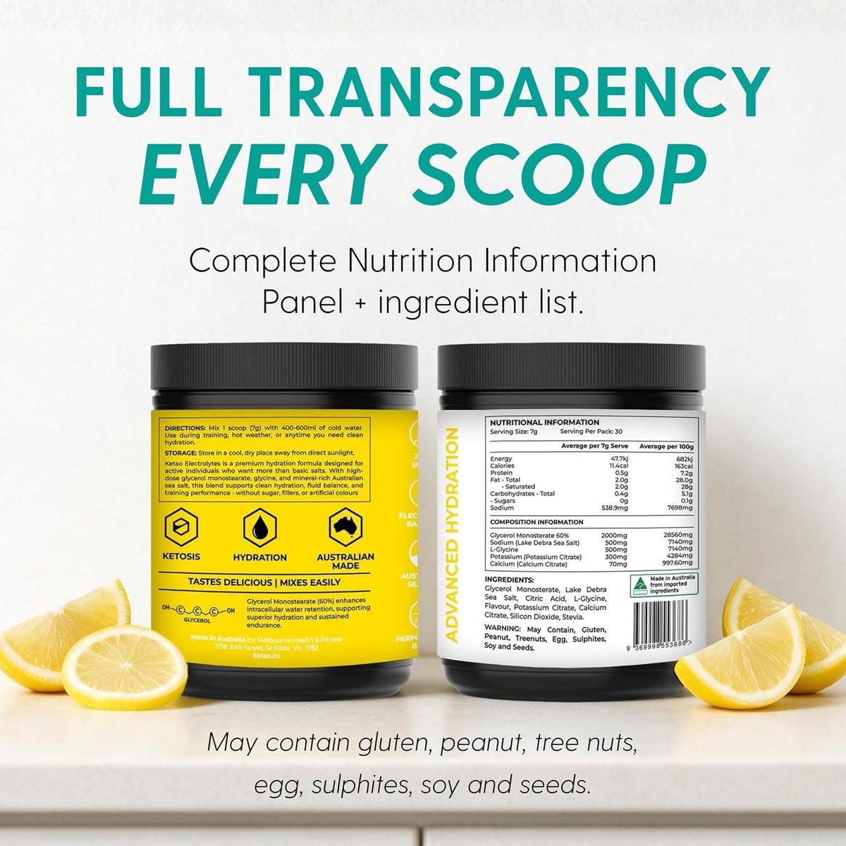 Electrolytes Lemon Hydration Powder Zero Sugar Keto 210g 30 Servings - Ketao