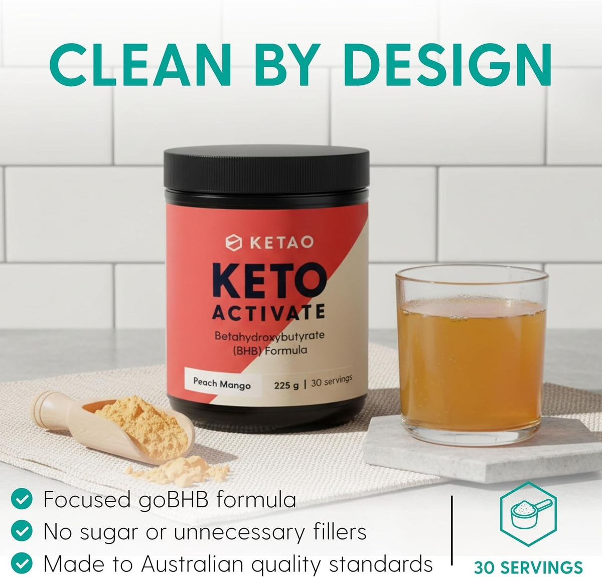 Keto Activate BHB Powder Exogenous Ketones Peach Mango 225g 30 Servings - Ketao