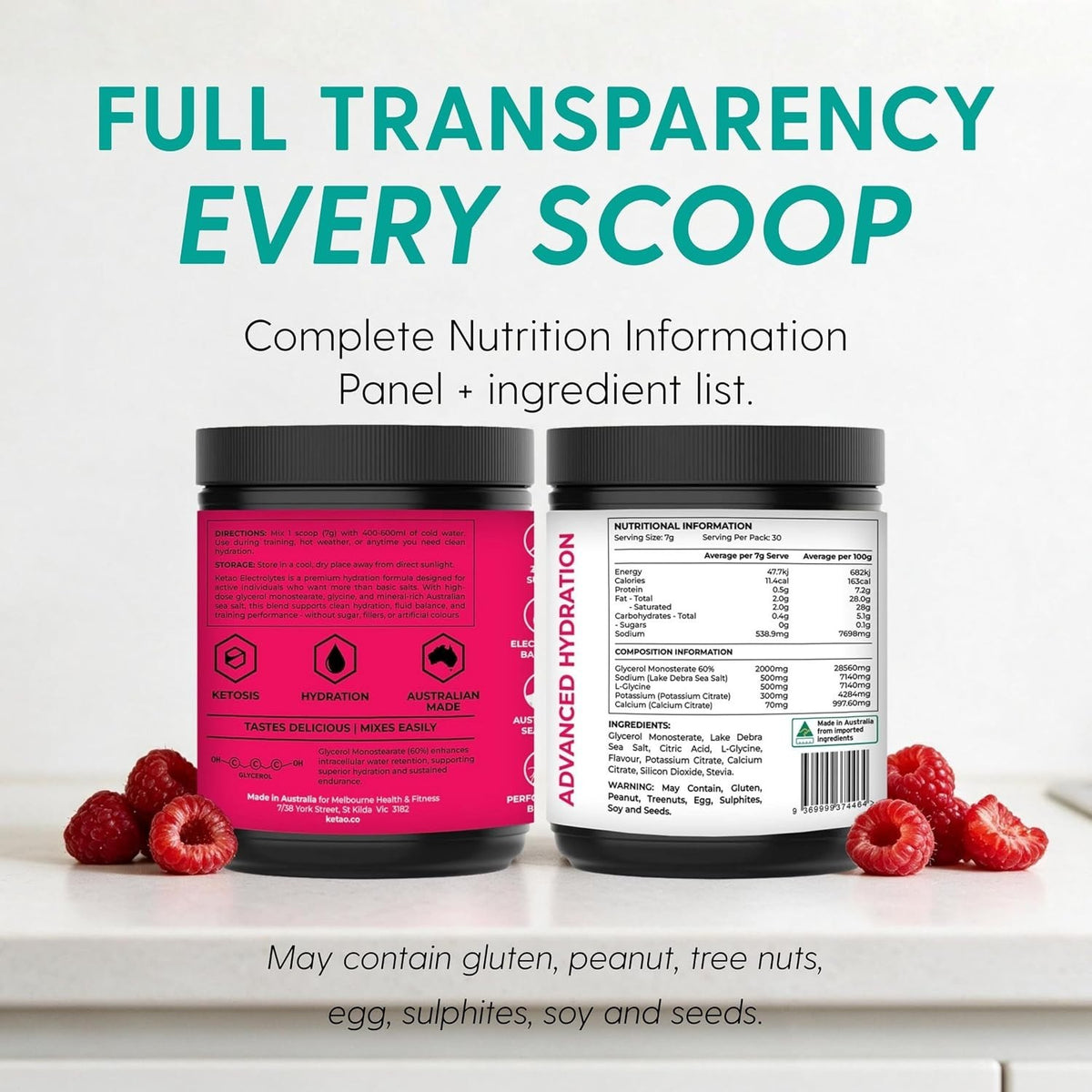 Electro Lytes Raspberry 210g 30 Servings Zero Sugar Keto Hydration - Ketao