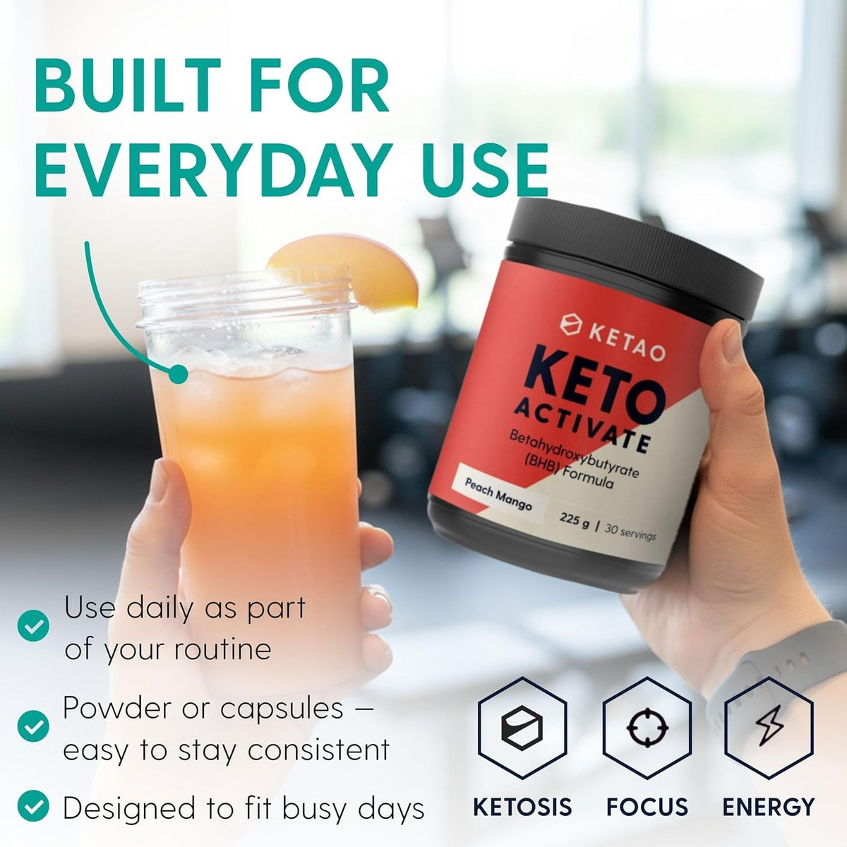 Keto Activate BHB Powder Exogenous Ketones Peach Mango 225g 30 Servings - Ketao