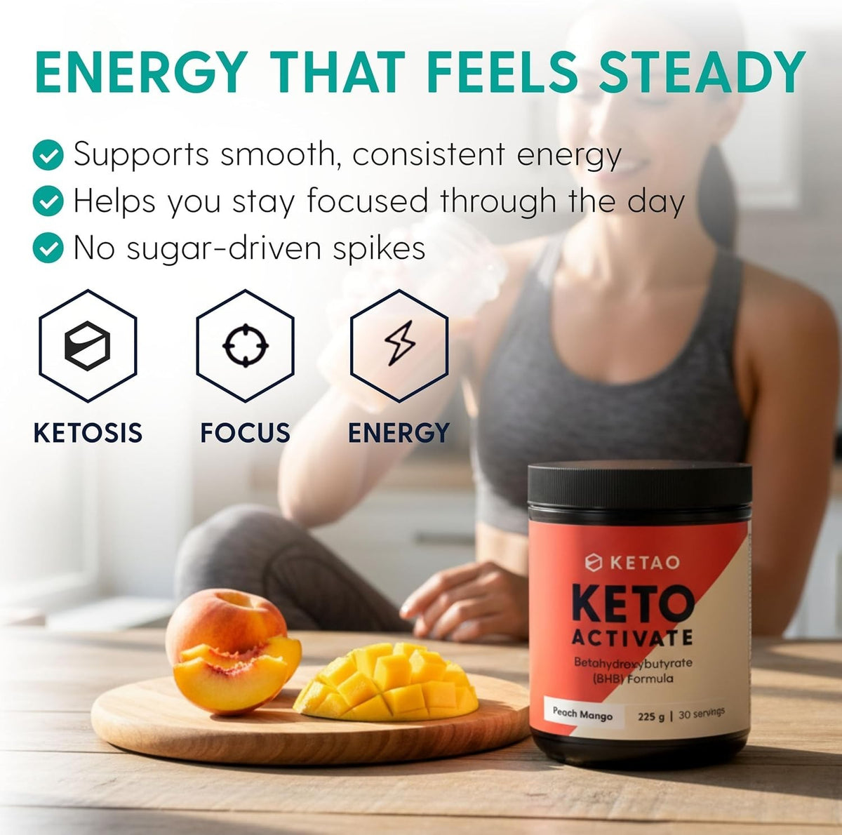 Keto Activate BHB Powder Exogenous Ketones Peach Mango 225g 30 Servings - Ketao