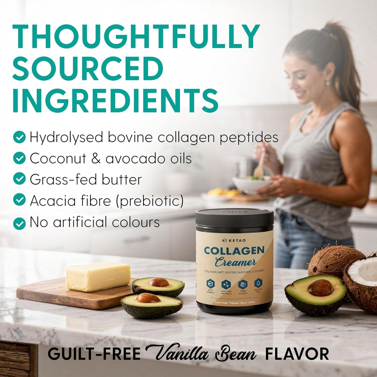 Collagen Creamer 300g MCT Keto Coffee Creamer Vanilla Bean Gluten Free - Ketao