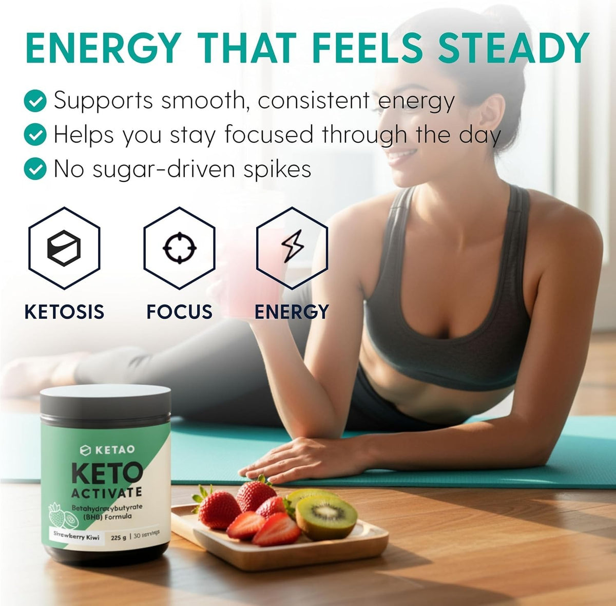 Keto Activate BHB Ketones Powder Strawberry & Kiwi 225g 30 Servings - Ketao