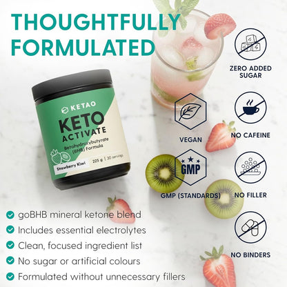 Keto Activate BHB Ketones Powder Strawberry & Kiwi 225g 30 Servings - Ketao