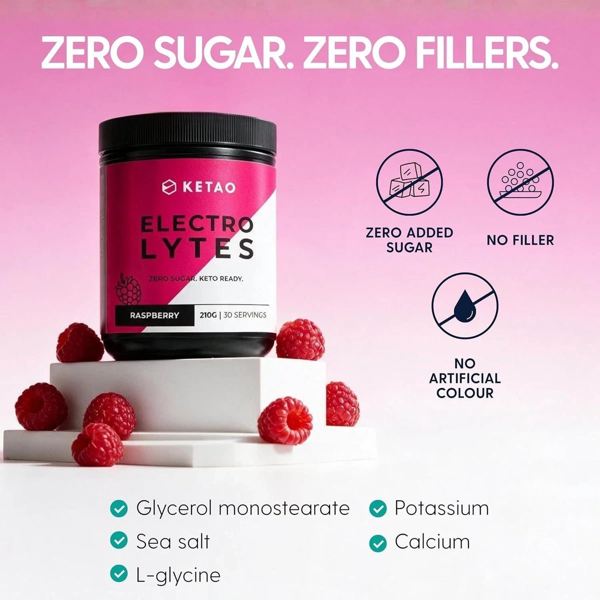 2 Pack KETAO Electrolytes Raspberry ZERO SUGAR Keto Hydration No Fille 210g