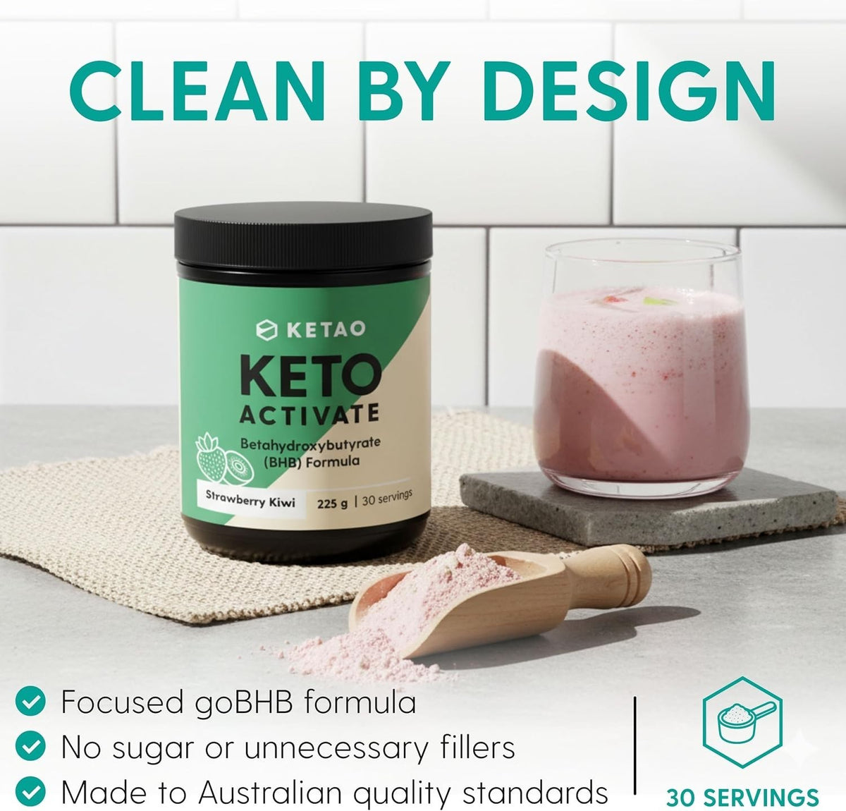 Keto Activate BHB Ketones Powder Strawberry & Kiwi 225g 30 Servings - Ketao
