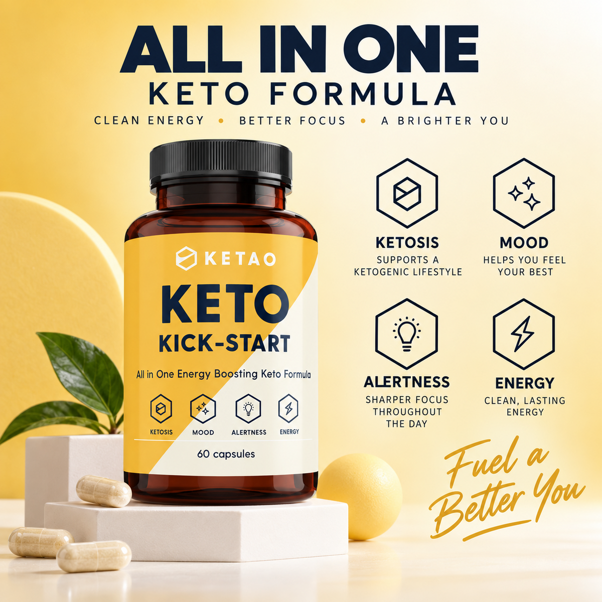 Keto Kick-Start 60 Capsules BHB Keto Supplement Caffeine TeaCrine - Ketao