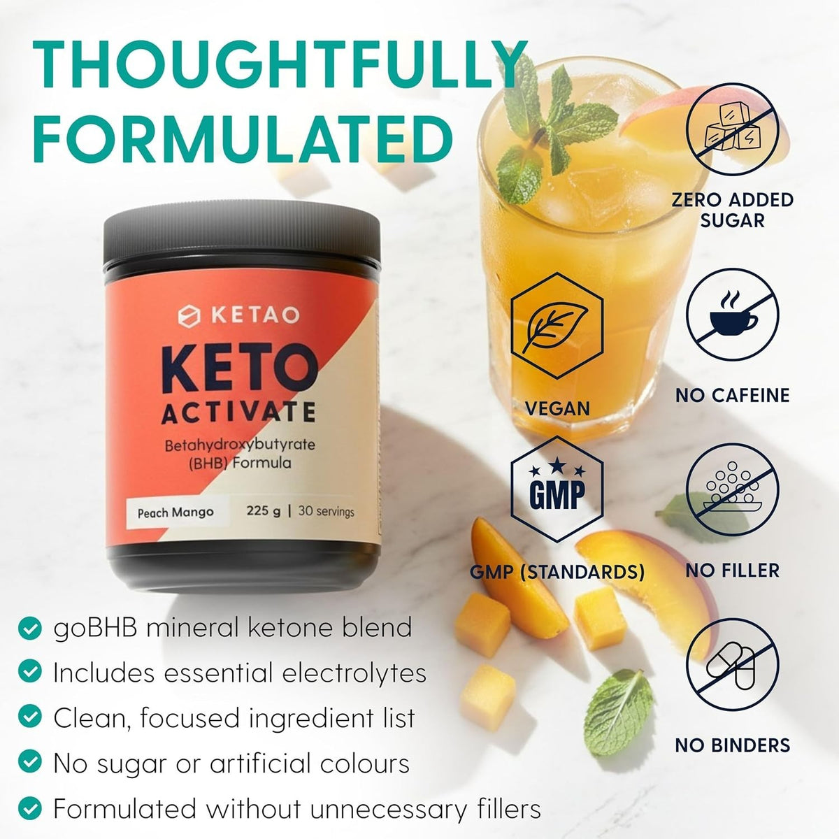 Keto Activate BHB Powder Exogenous Ketones Peach Mango 225g 30 Servings - Ketao